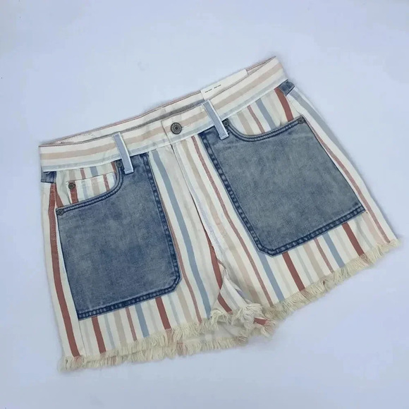 NWT American Eagle AE High Rise Mom Jean Shorts Denim Pastel Striped Raw Hem 4 - Picture 8 of 8